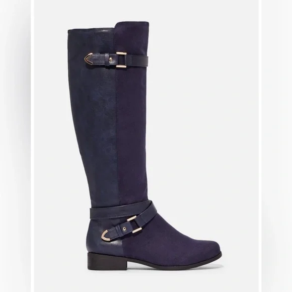 JustFab Hollie Navy Blue Knee-High Flat Boots Faux Suede Gold Buckle Women’s - Picture 2 of 10